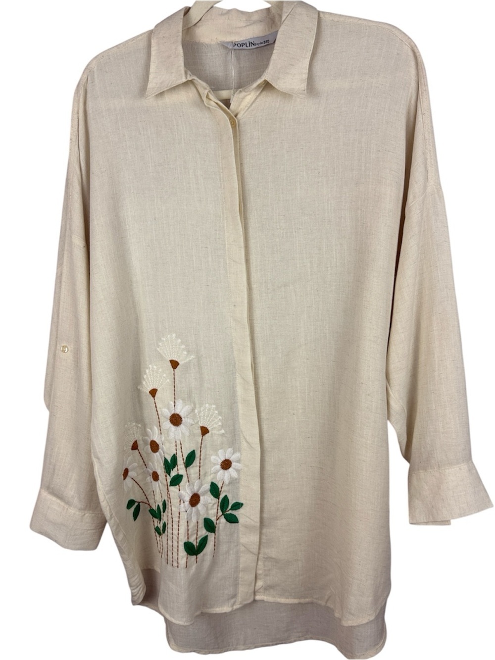 POPLIN Style STD Embroidered Daisy Cotton Button Up Blouse Cream Slouchy